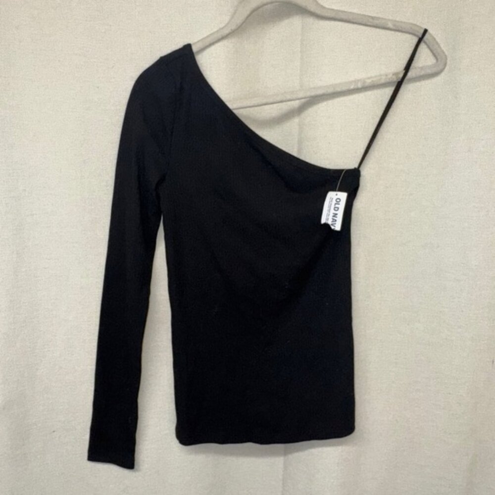 Old Navy Shirt Womens XS Black Long Sleeve One Shoulder Rib Knit Top NWT